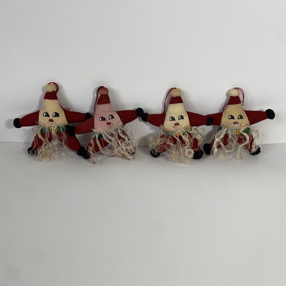 Vintage Christmas Ornaments Fabric Folk art Stuffed Bearded Star Santa Hand Made